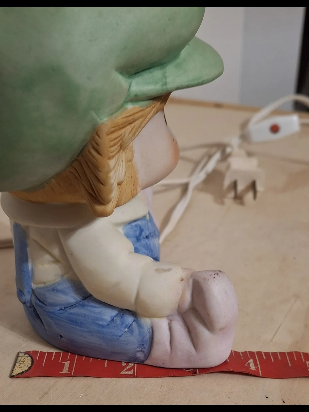 Vintage ceramic Interpur boy night light, green cap, blue overalls, works great